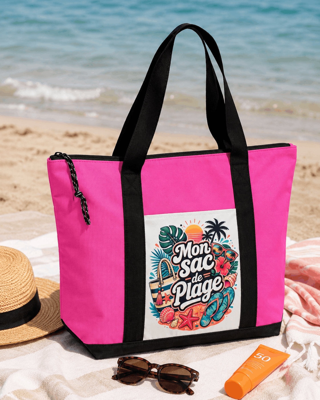 Tote bag Mon Sac de Plage rose sur serviette de plage avec chapeau et crème solaire
