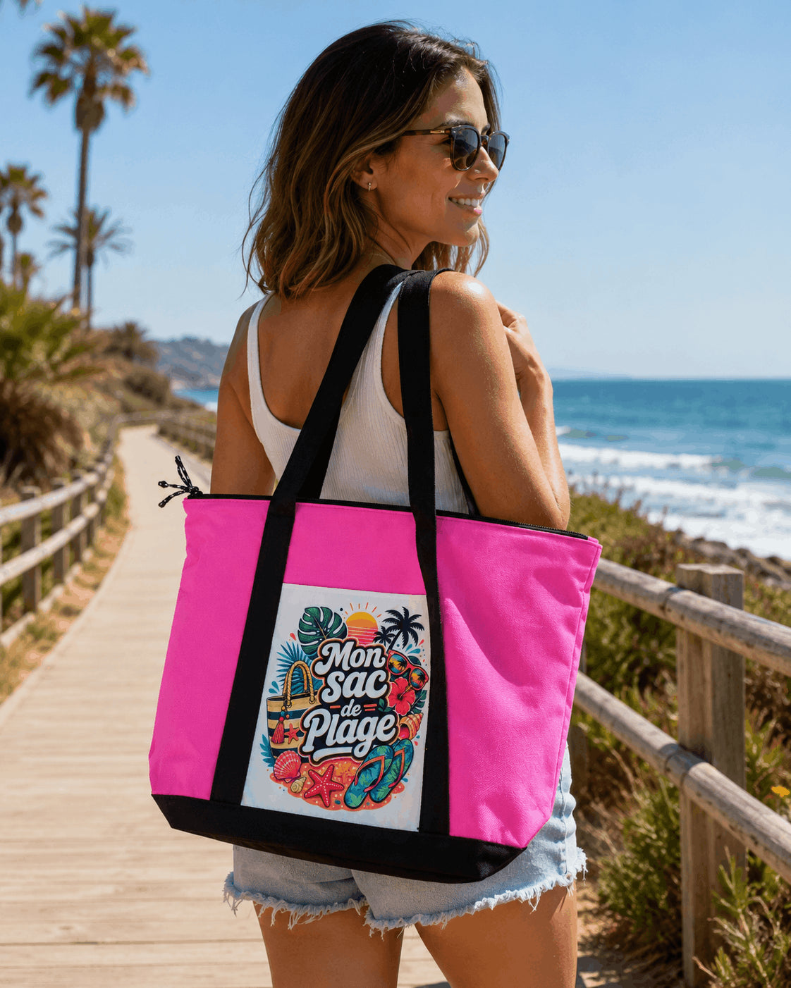 Femme portant le tote bag Mon Sac de Plage rose sur l'épaule en bord de mer