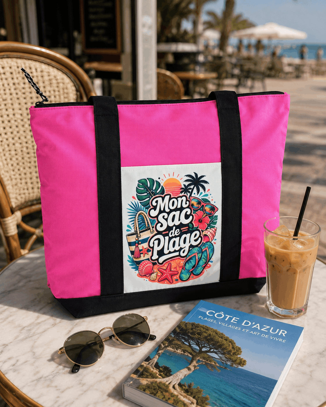 Tote bag Mon Sac de Plage rose posé sur une table en bord de mer avec lunettes