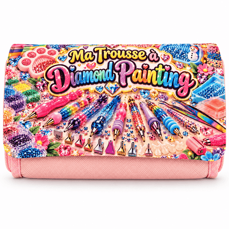 Trousse scolaire rose vue de face, rabat imprimé Ma Trousse à Diamond Painting en couleurs avec stylos applicateurs