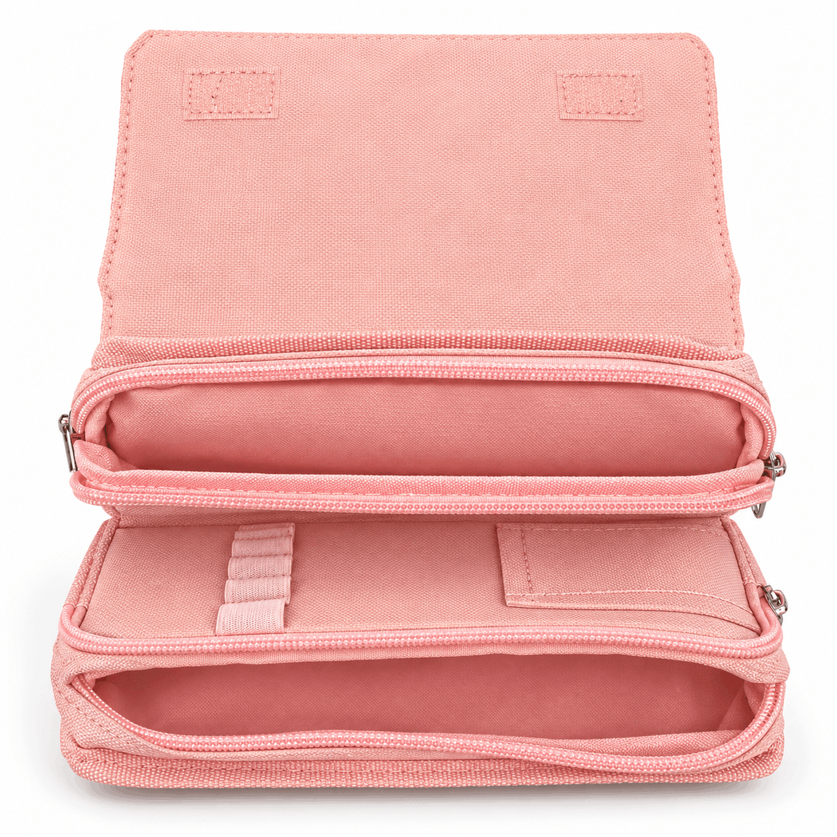 Trousse scolaire rose ouverte vue du dessus, rabat relevé avec velcro et deux compartiments zippés superposés
