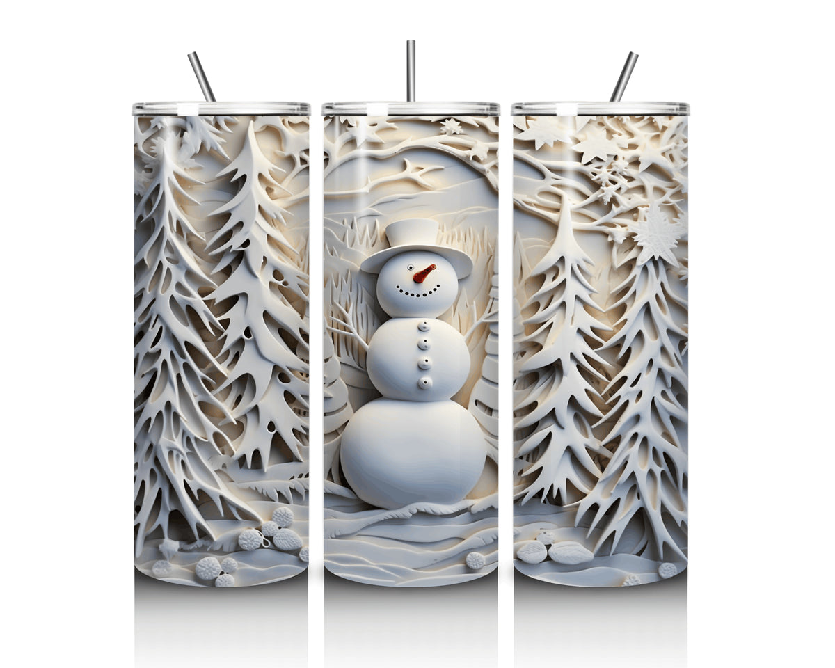 Tumbler 20 oz avec paille, bonhomme de neige et forêt de sapins enneigés en effet papier sculpté 3D, trois vues du design complet