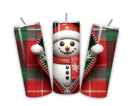 Tumbler 20 oz avec paille, bonhomme de neige en bonnet de Père Noël sortant d’une fermeture éclair sur tartan rouge et vert, trois vues du design complet