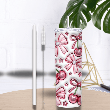 Tumbler isotherme 20oz 591 ml cerises & nœuds roses, paille/goupillon