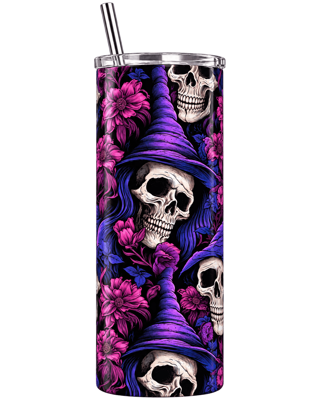 Chaudron Nomade : Gobelet Inox avec Paille, Têtes de Mort à Chapeau Pointu et Fleurs Prune Sublimation Store