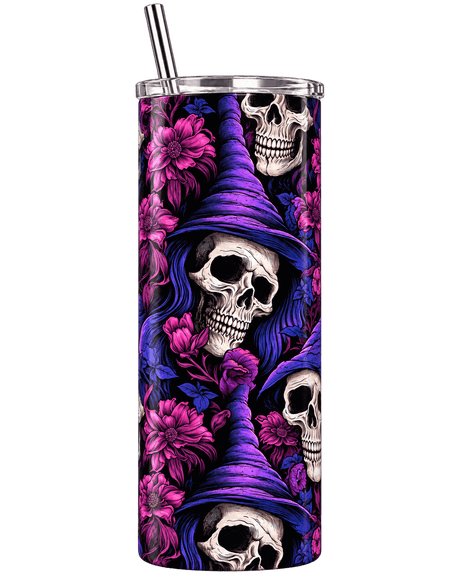 Chaudron Nomade : Gobelet Inox avec Paille, Têtes de Mort à Chapeau Pointu et Fleurs Prune Sublimation Store