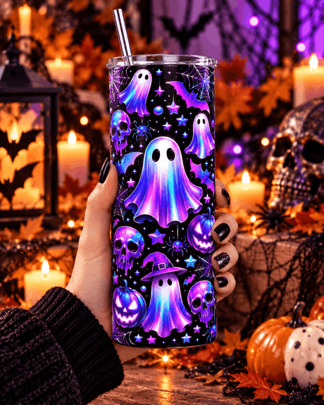 Main tenant le tumbler Halloween fantômes holographiques 20 oz, gobelet isotherme inox violet et bleu néon avec paille