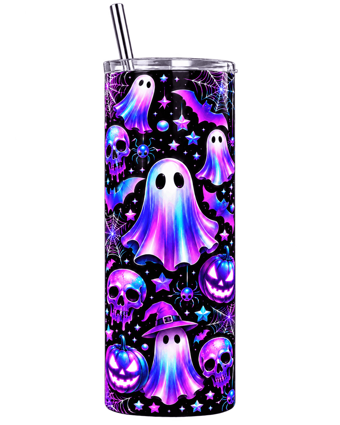 Tumbler fantômes néon violet, crânes et citrouilles lumineuses, gobelet isotherme inox 20 oz avec paille sur fond transparent