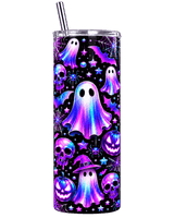 Tumbler fantômes néon violet, crânes et citrouilles lumineuses, gobelet isotherme inox 20 oz avec paille sur fond transparent