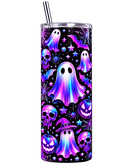 Tumbler fantômes néon violet, crânes et citrouilles lumineuses, gobelet isotherme inox 20 oz avec paille sur fond transparent