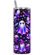 Tumbler fantômes néon violet, crânes et citrouilles lumineuses, gobelet isotherme inox 20 oz avec paille sur fond transparent