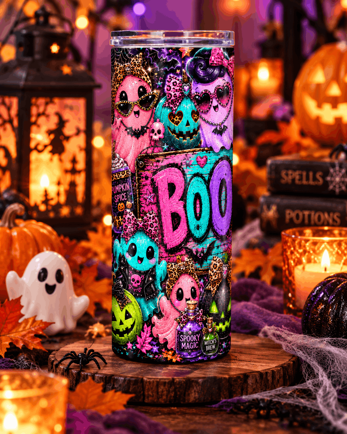 Tumbler Halloween BOO Fantômes Kawaii et Citrouilles Néon – Isotherme 20 oz Sublimation Store