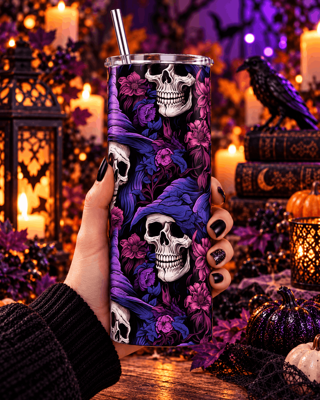 Main tenant le tumbler crâne sorcière et fleurs violettes avec paille, décor Halloween avec corbeau, bougies et citrouilles