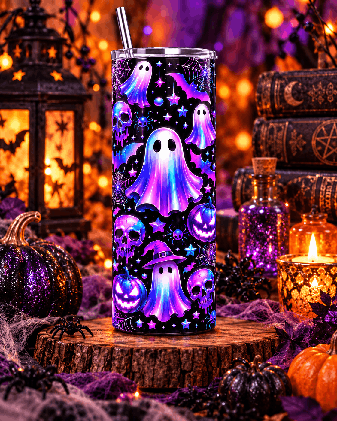 Tumbler Halloween fantôme sorcière néon sur rondin de bois, grimoires, potions pailletées et bougies d'automne