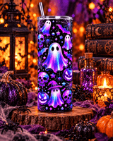 Tumbler Halloween fantôme sorcière néon sur rondin de bois, grimoires, potions pailletées et bougies d'automne