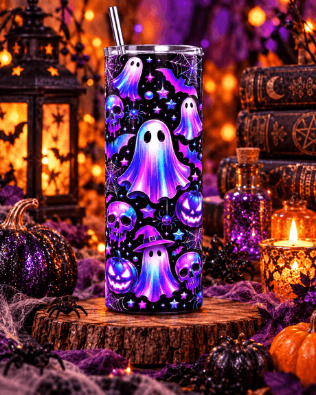 Tumbler Halloween fantôme sorcière néon sur rondin de bois, grimoires, potions pailletées et bougies d'automne