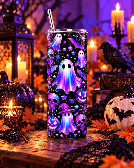 Tumbler Halloween fantômes néon violet avec paille inox, décor gothique aux bougies, corbeau et citrouilles pailletées