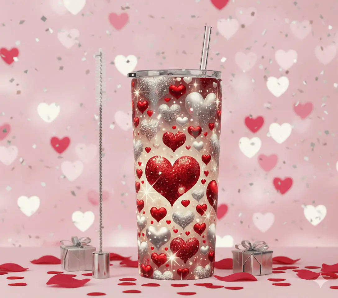 Tumbler Isotherme "Cœurs Étincelants" – Design Rouge et Argent Scintillant – 600ml Sublimation Store