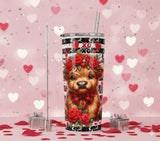 Tumbler Isotherme "Adorable Highland Cow" – Design Petit Veau, Roses et XOXO – 600ml Sublimation Store