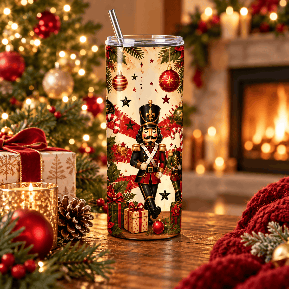 Tumbler Joyeux Noël 20 oz inox posé sur une table en bois près d’un sapin illuminé et d’une cheminée, soldats casse-noisette