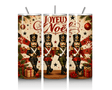 Trois vues de face du tumbler Joyeux Noël 20 oz inox : soldats casse-noisette vintage, lettrage rouge, cadeaux et boules