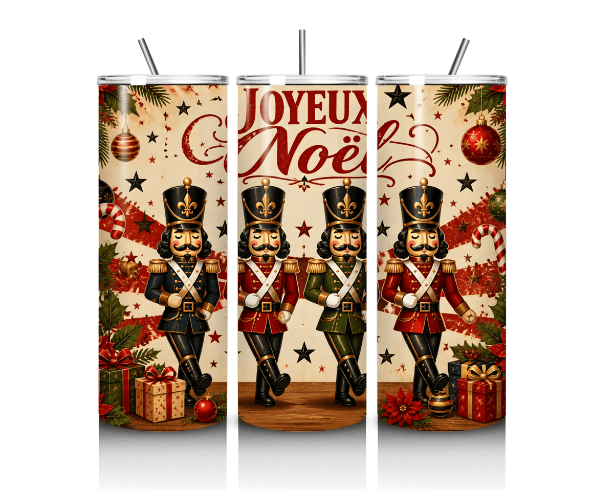 Trois vues de face du tumbler Joyeux Noël 20 oz inox : soldats casse-noisette vintage, lettrage rouge, cadeaux et boules