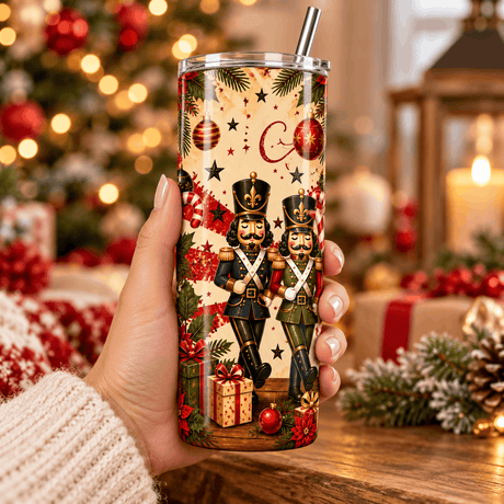 Main tenant un tumbler Joyeux Noël 20 oz inox avec soldats casse-noisette vintage, paille inox et décor de sapin illuminé