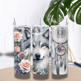 Tumbler 20 oz (591 ml) “Loup Blanc Mystique” – Roses & Attrape-Rêves (Couvercle + Paille)