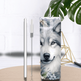Tumbler 20 oz (591 ml) “Loup Blanc Mystique” – Roses & Attrape-Rêves (Couvercle + Paille)