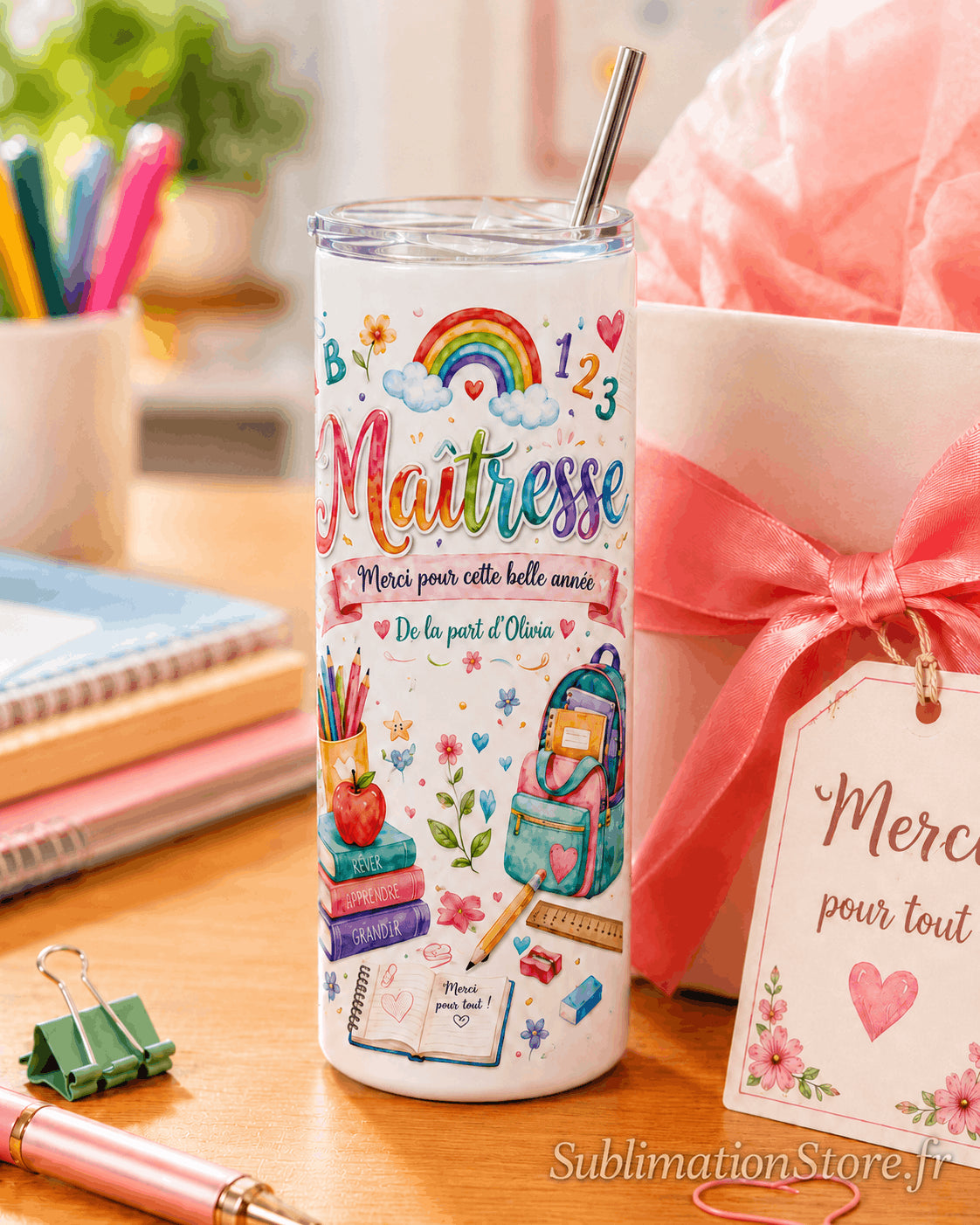 Tumbler maîtresse personnalisé présenté avec un emballage cadeau rose et un étiquette Merci pour tout