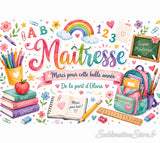 Design aquarelle du tumbler maîtresse – arc-en-ciel, crayons, livres, sac d'école, prénom personnalisé