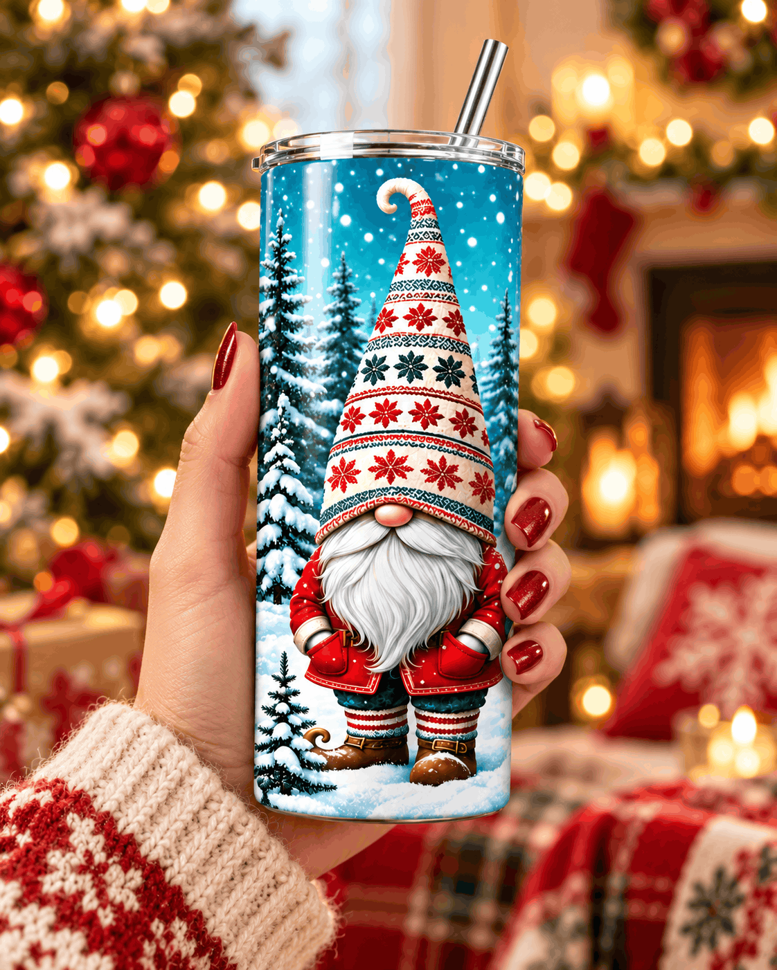 Tumbler Noël 3 Gnomes – Inox 20 oz avec Paille, Sapins Enneigés Sublimation Store