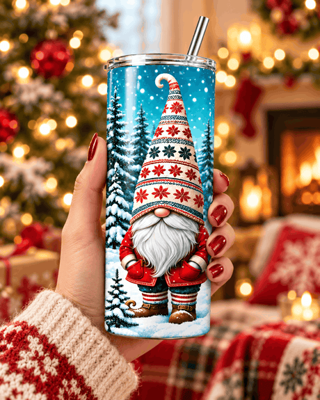 Tumbler Noël 3 Gnomes – Inox 20 oz avec Paille, Sapins Enneigés Sublimation Store