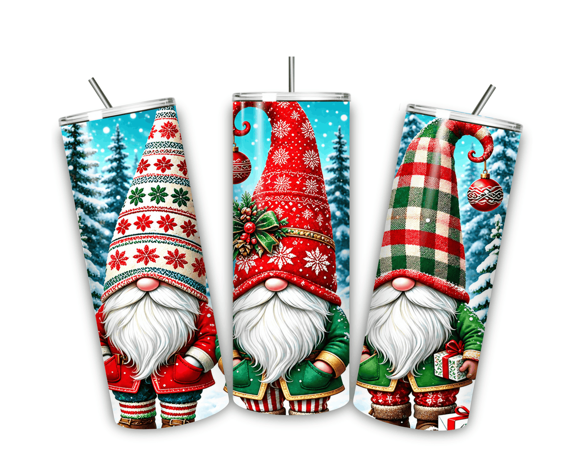 Tumbler Noël 3 Gnomes – Inox 20 oz avec Paille, Sapins Enneigés Sublimation Store