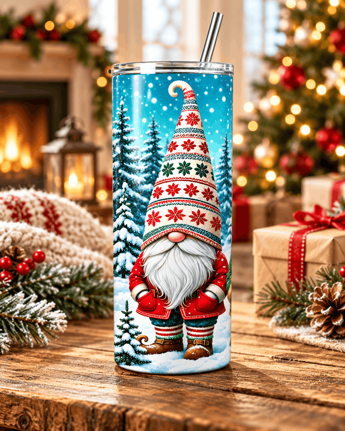Tumbler Noël 3 Gnomes – Inox 20 oz avec Paille, Sapins Enneigés Sublimation Store
