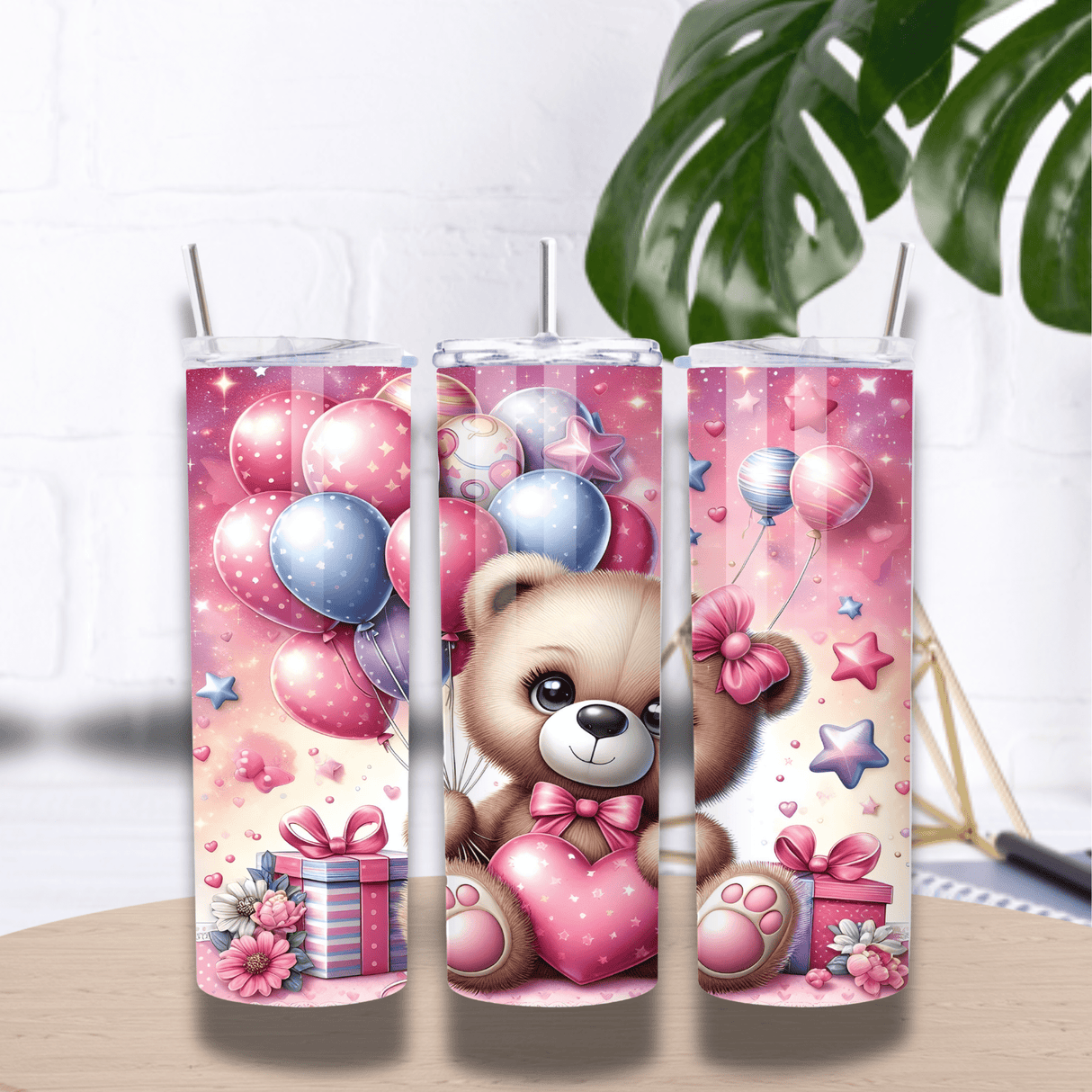 Tumbler 20 oz (591 ml) “Ourson Festif” – Cadeaux & Ballons (Couvercle + Paille)