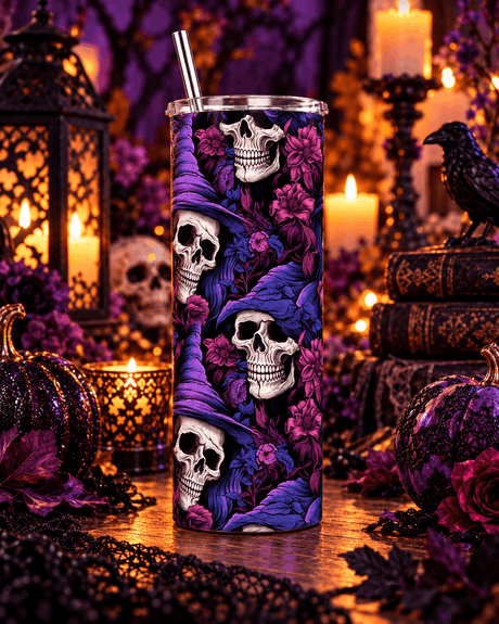Tumbler Halloween sorcière gothique posé sur table en bois, lanterne, corbeau, grimoires et citrouilles violettes pailletées