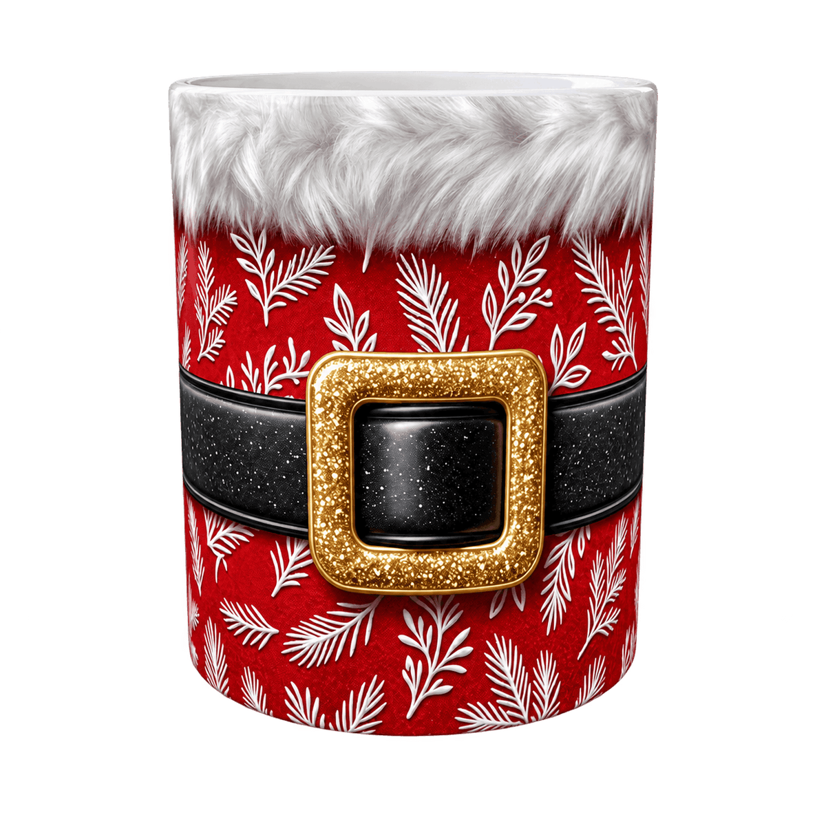 Mug de Noël costume du Père Noël vu de face, boucle dorée pailletée sur ceinturon noir et bordure effet fourrure