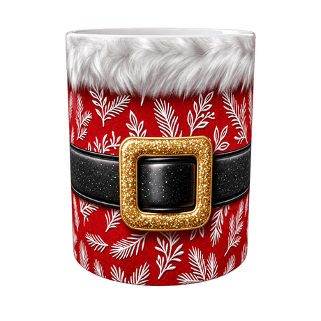 Mug de Noël rouge et doré en céramique, costume du Père Noël avec fourrure blanche et ceinture à boucle dorée